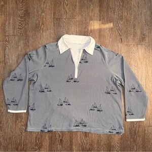 Breckenridge Sailboat Print Rugby Polo Shirt Navy Stripe | Size: L/XL